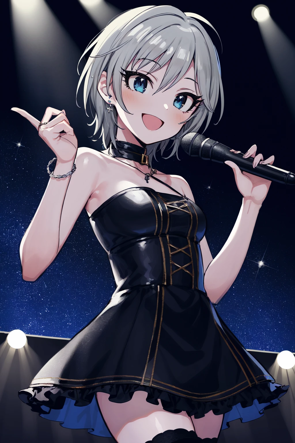 masterpiece, best quality, highres, 1girl, solo, anastasia (idolmaster), idolmaster cinderella girls, blue eyes, short hair, grey hair, black dress, (on the stage), singing, cowboy shot, , <lora:anastasia_(idolmaster)_v1-000005:0.7>, smile, upper_body,