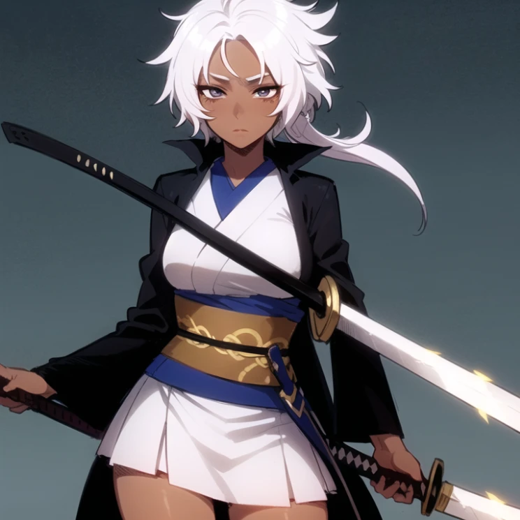 beautiful, masterpiece, best quality, extremely detailed face, perfect lighting, 1girl, solo, <lora:EkuneStyleLoRA:1>, dark skin, dark-skinned female, white hair, tomboy, very short hair, messy hair, asymmetrical hair, kimono, black kimono, cowboy shot, sash, weapon, katana, scythe, sword,
