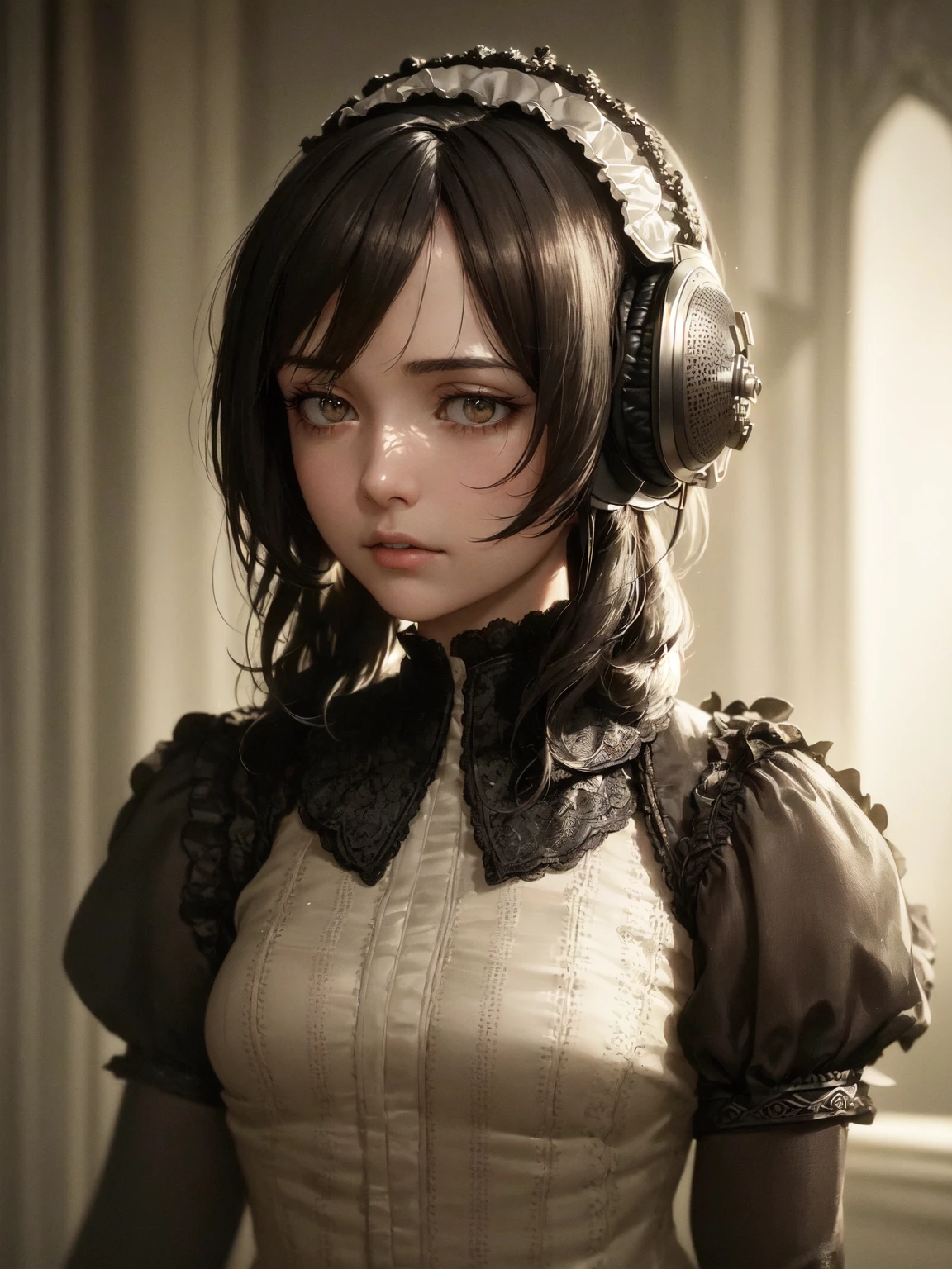Jane Eyre with headphones, natural skin texture, 24mm, 4k textures, soft cinematic light, adobe lightroom, photolab, hdr, intricate, elegant, highly detailed, sharp focus, ((((cinematic look)))), soothing tones, insane details, intricate details, hyperdetailed, low contrast, soft cinematic light, dim colors, exposure blend, hdr, faded