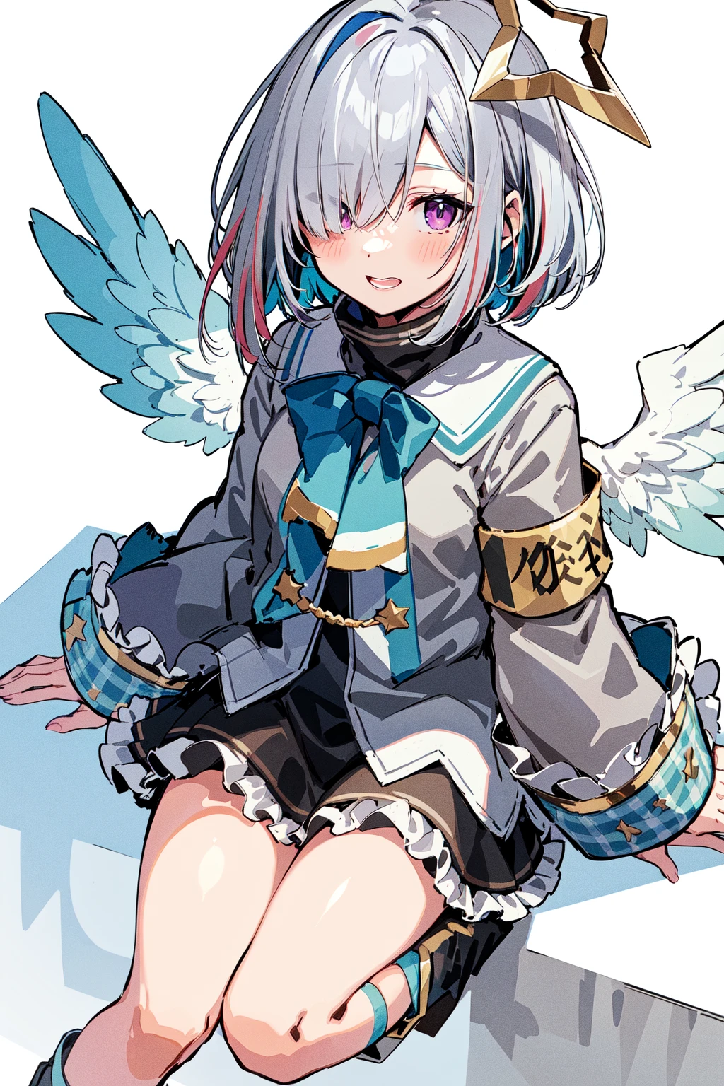 best quality, highres, 1girl, amane kanata, star halo, virtual youtuber, solo, wings, halo, feathered wings, angel, angel wings, multicolored hair, colored inner hair, asymmetrical hair, single hair intake, purple eyes, armband, short hair, blue hair, grey hair, boots, socks, long sleeves, grey jacket, skirt, bob cut, jacket, streaked hair, bangs, frills, black footwear, wide sleeves, white wings, mini wings, black skirt, hair over one eye, frilled skirt, blue socks, sleeves past wrists, turtleneck dress, short dress, miniskirt, blue wings, <lora:amane_kanata_(short_hair)_v1:0.7>, cowboy shot