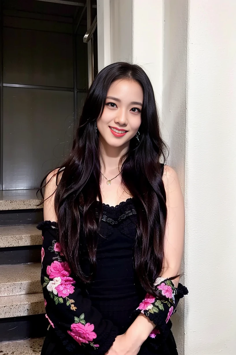 (8k, RAW photo, best quality, highres:1.2), (realistic, photo-realistic:1.37), red lips, black clothes, close-up,
Jisoo,1girl, solo, beautiful detailed girl, extremely detailed eyes and face, beautiful detailed eyes, 1girl, medium breasts, pale skin, narrow waist, looking at viewer, lips apart, realistic light, realistic shadow, light smile, alluring,innocent big eyes, jewelry, necklace, breasts, hair_ornament, dress, earrings, flower, hanfu, makeup, beads, bangle, long_hair, long eyelasher, queen's dress, put hands down , put hands behind , arms back behind,