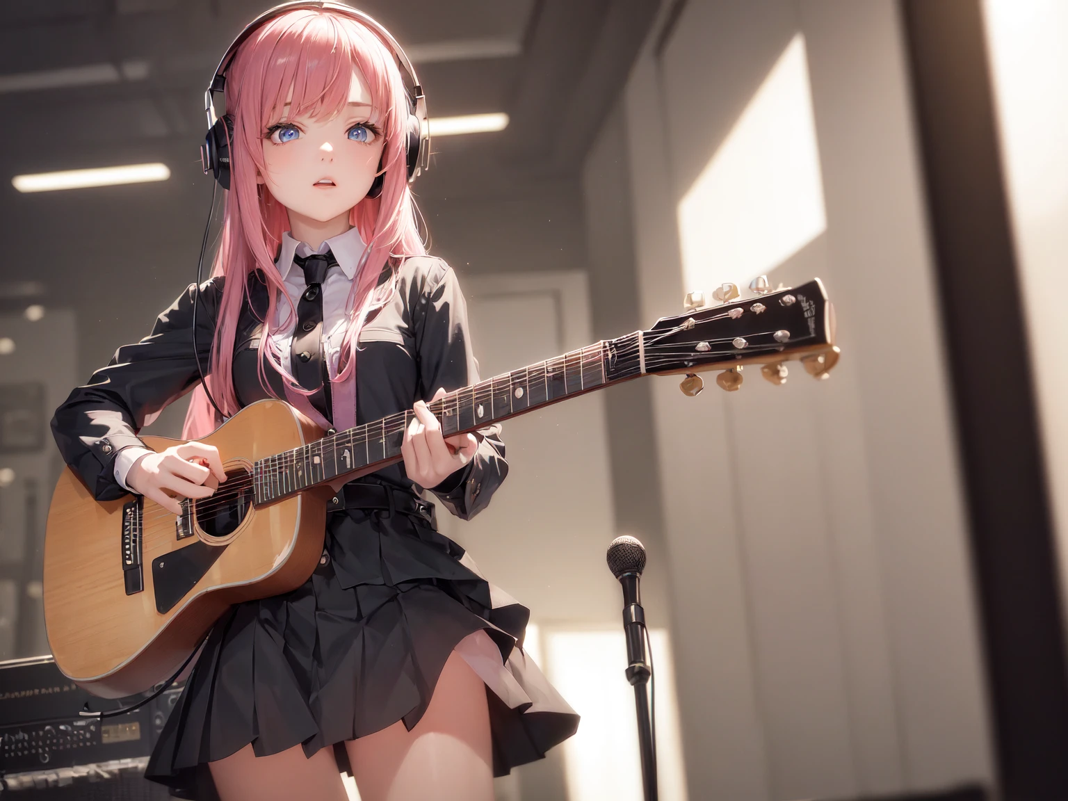 ((masterpiece,best quality)), 1girl, solo, black skirt, blue eyes, electric guitar, guitar, headphones, holding, holding plectrum, instrument, long hair, , music, one side up, pink hair, playing guiter, pleated skirt, black shirt, indoors