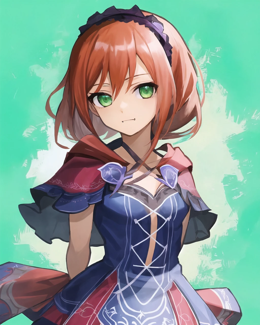 Traditional media, 1girl, solo, cowboy shot, Amy Sorel, (SC6:1.1), red hair, twin drills, capelet, hairband, smug, green eyes, dress, looking at viewer, simple background, arms behind back, gothic,