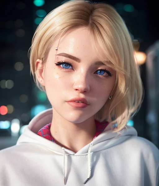 <lora:gwen_stacy_spiderverse_v1:0.5>, ((realistic)), (cinematic lighting), (photorealism), (beautiful detailed face),  ((masterpiece)), ((best quality)), big pupils, side of head shaved, depth_of_field, (beautiful detailed eyes), (gwen_stacy), 1girl, blonde_hair, short_hair, (asymmetrical_hair), ((sidecut)), solo, upper_body, portrait, blue_eyes, light_smile, tooth_gap, parted_lips, lips, city, eyebrow_piercing, hood, hood_down, white_hoodie, looking_at_viewer