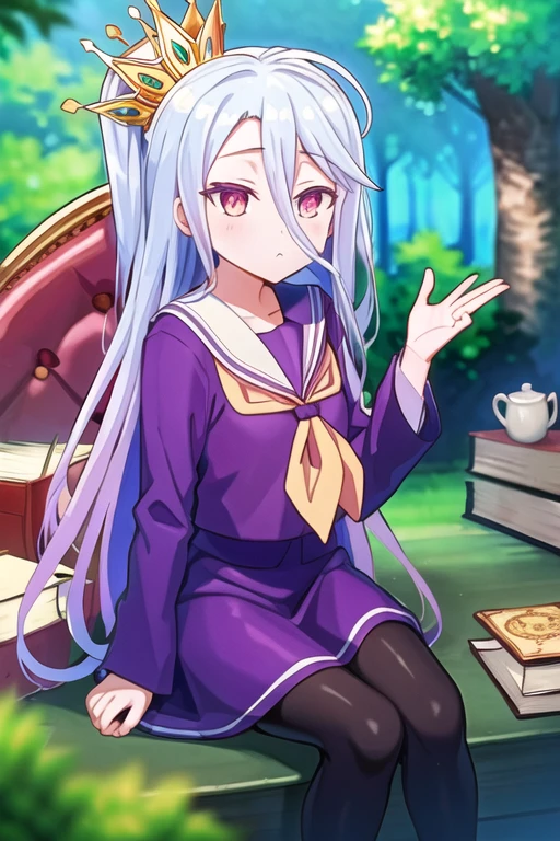 ((masterpiece, best quality:1.2)), (ultra-detailed:1.2), <lora:ShiroNGNL2_Lora:0.8>, no game no life, Shiro, shiro \(no game no life\), purple clothes, cards, sitting, hand up, next to pile of books, crown, outdoors,