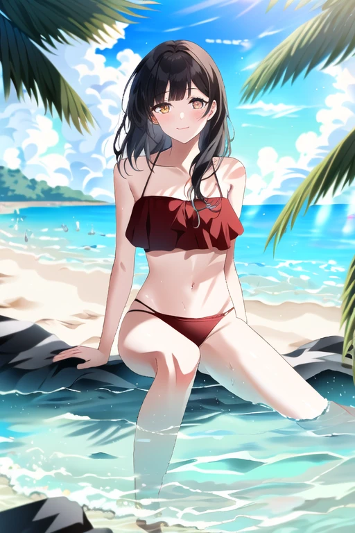 realistic, cg, 8k, masterpiece ,best quality,frilled bikini, red bikini,floral print,small breast  , 1girl ,solo, intricate eyes, golden eyes , medium hair, black hair , beach , on water , happy, erotic , alluring face , sitting, looking at viewer, outdoors, sunny day , sun , depth of field, blurry background <lora:frilled_bikini:0.8>