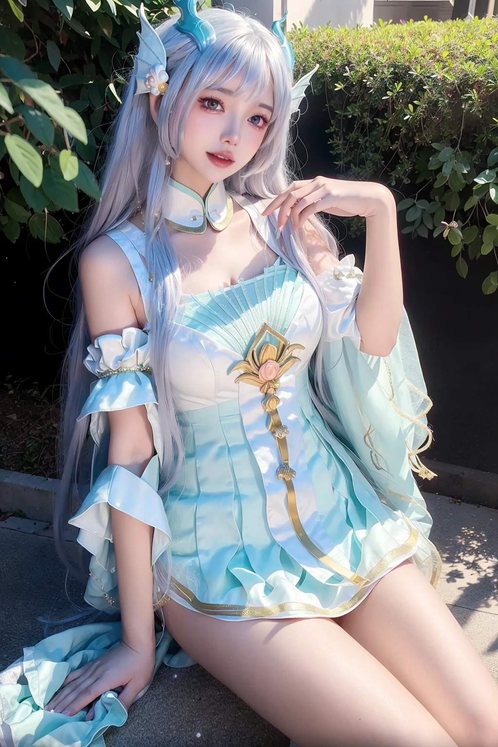 (tmasterpiece,best qualityer),intricately details,
1girll,Green hair,Heart-shaped openwork,White cheongsam,gossamer,Slender legs,Han Street,Ancient Chinese streets,soaking wet,White liquid,white stockings