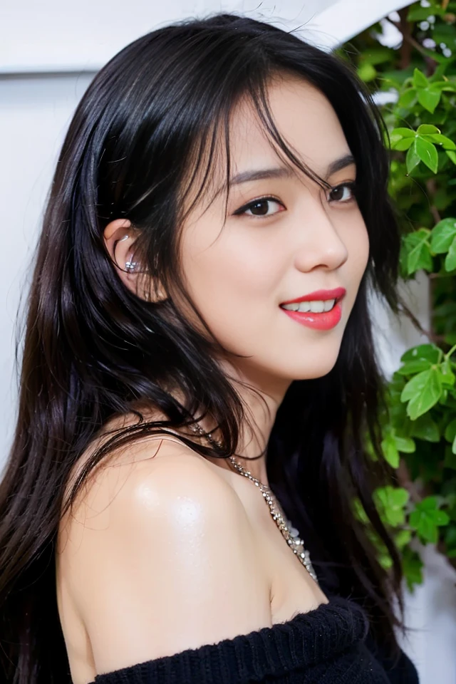 (8k, RAW photo, best quality, highres:1.2), (realistic, photo-realistic:1.37),  bright teeth, open mouth, smile, happy, close-up,
1girl,   Jisoo, solo,
bestlighting, extremely detailed eyes, diamond stud earrings, long straight hair, dark hair,  red lips,  lace , strapless,  see-through, alluring eyes, upper teeth,
(outdoors) ,   looking at viewer,