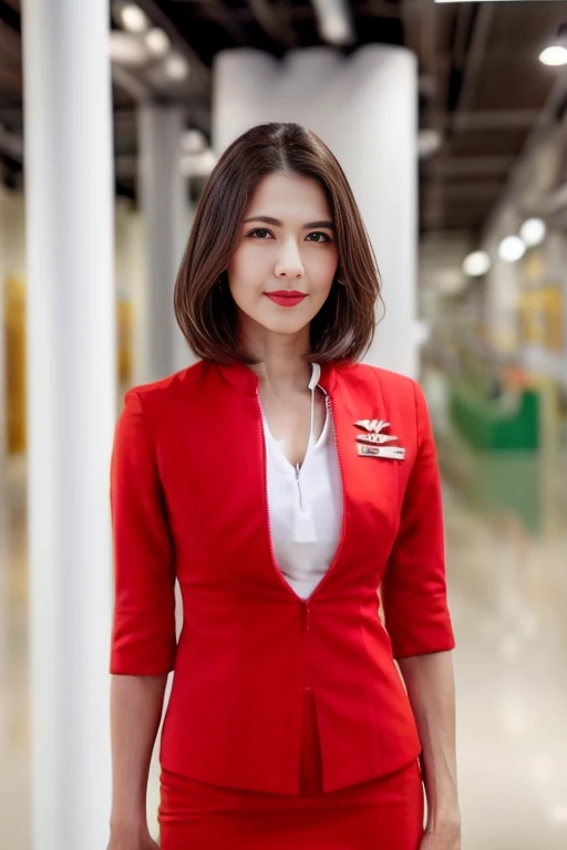 <lora:Airasia Uniform:1=1> a woman in a red suit,white compression v-neck shirt inside,red tight skirt,medium shot,frontal facing to camera,neutral face,good and solid light,solid white back ground,standing pose