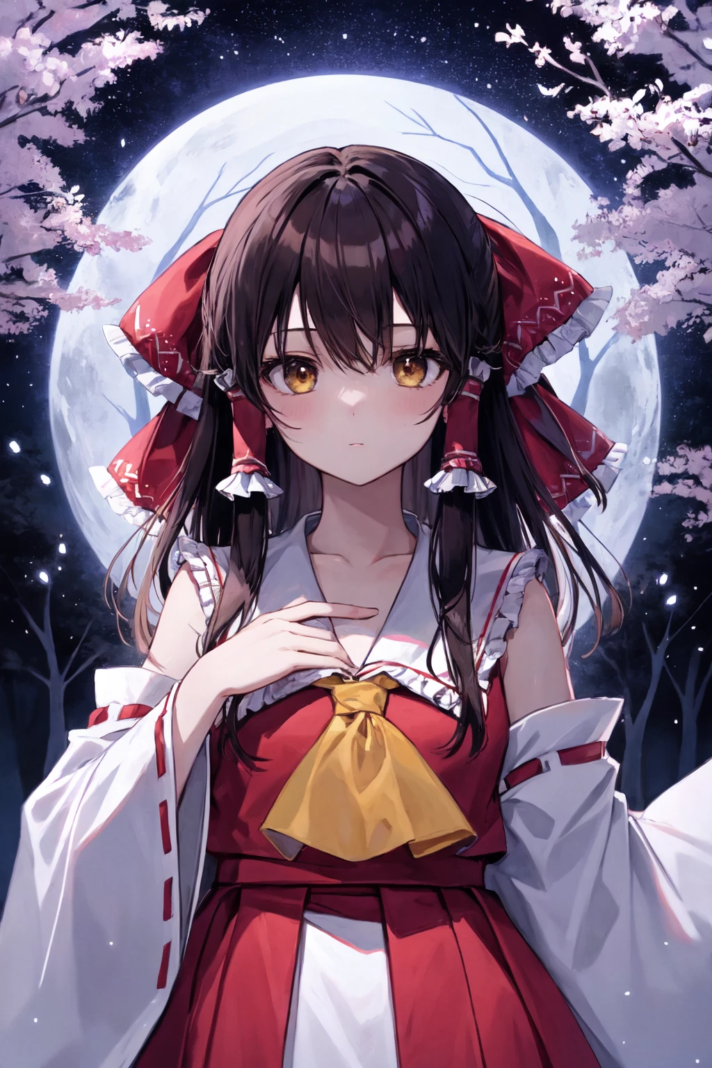 detailed background, masterpiece, best quality, 1girl, hakurei reimu, brown hair, hair tubes, hair ribbon, brown eyes, nontraditional miko, a forest full of purple and white trees, fireflies, water, purple theme, white theme, mystical, magical,