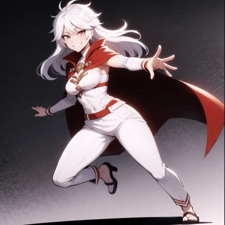 beautiful, masterpiece, best quality, extremely detailed face, perfect lighting, 1girl, solo, <lora:EkuneStyleLoRA:1>, full body, dynamic pose, cape, red cape, smile, grin, white hair, very long hair, messy hair, white pants