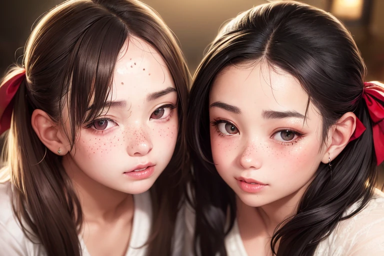 2girls, masterpiece, (photorealistic:1.4), best quality, (beautiful lighting:1.4), cinema lights, film grain, blurry, indoors, lips, cheek-to-cheek, (freckles:0.75), ribbon, bow, twintails, multiple girls, looking at viewer, depth of field, blurry background, heads together, closed mouth, hair ribbon, upper body, parted lips, wide nose, wide face, (Acne on forehead:1.5)