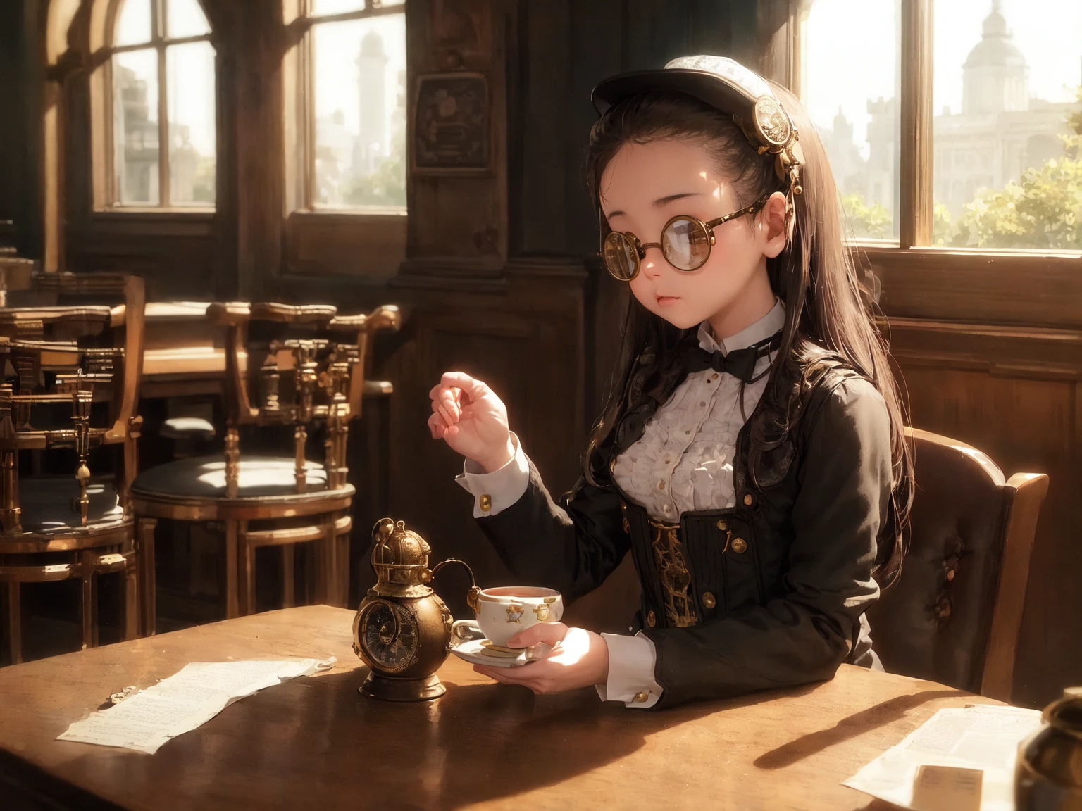 masterpiece, best quality, ultra-detailed, illustration, 1girl, solo, indoors, daytime, steampunk, clock, cafe, brown hair, top hat, goggles, corset, long skirt, boots, pocket watch, vintage, antique, brass, metal, gears, machinery, clockwork, clock tower, ornate, elegant, classic, sophisticated, refined, poised, contemplative, thoughtful, curious, mysterious, enigmatic, watchful, intelligent, bookish, coffee, cake, pastry, teapot, cup, saucer, table, chair, wallpaper, chandelier, window, sunlight, shadow, contrast, perspective, depth, texture, detail, realism, impressionistic, expressionistic, abstract, surrealistic, innovative, experimental, unique, atmosphere, ambiance, mood, nostalgia, historical, cultural, technological, industrial, fantasy, imagination, creativity, artistry, craftsmanship, skill, precision, detail, composition, balance, harmony, rhythm, color, light, shadow, reflection, refraction, tone, contrast, foreground, middle ground, background, vanishing point, horizon line, focal point, naturalistic, figurative, representational.