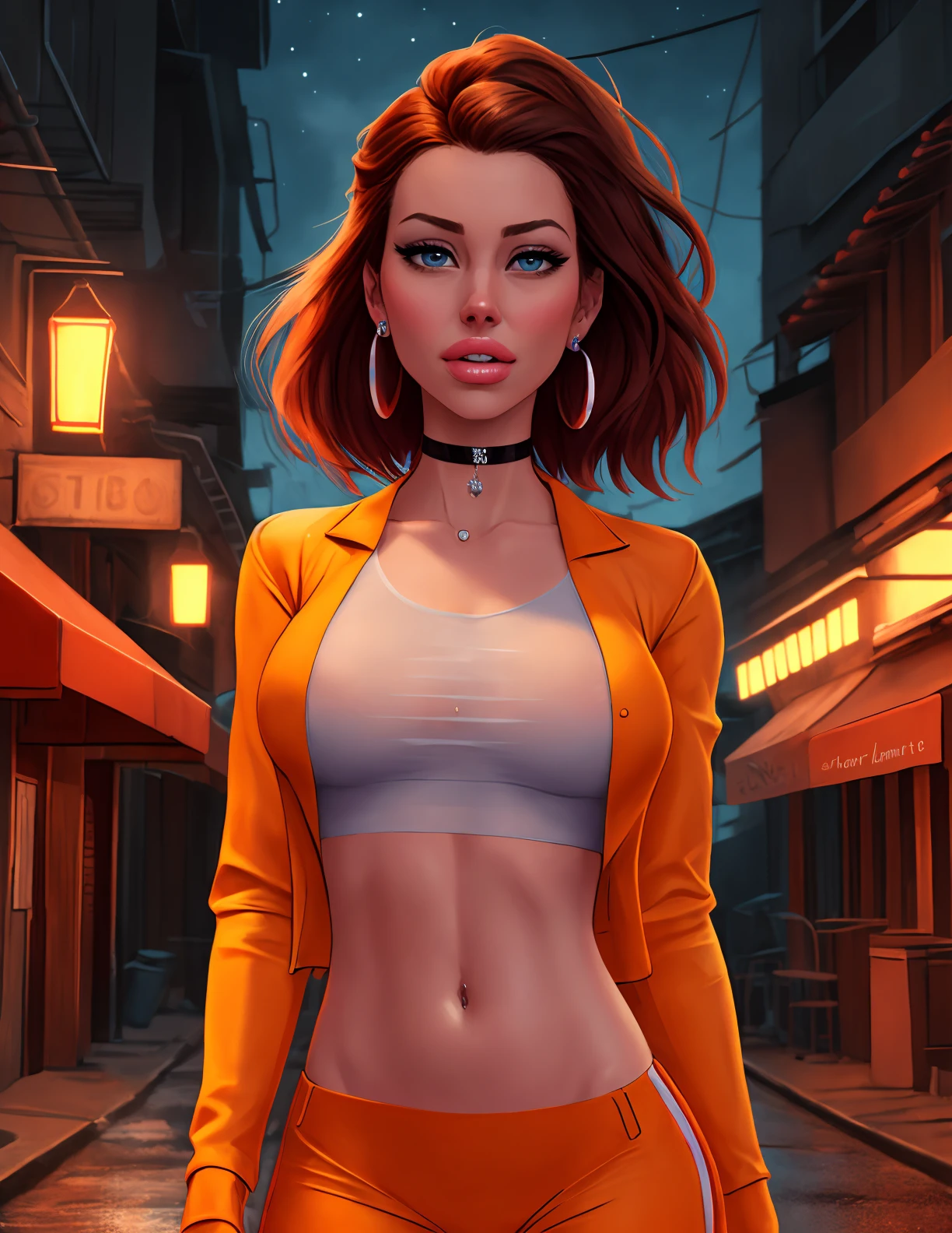 (dreamlikeart, redshift style, analog style:1.1), (copeseethemald style:0.5), (thepit bimbo, glossy), sexy, bimbo,

1girl, solo,
young ([Nina Dobrev|Emma Stone]:1.1), closeup, extreme closeup, looking at viewer, symmetric, centered,
pantsuit, business suit, elegant suit, white crop top shirt,

shinny skin, oily skin, subsurface skin scattering, shiny skin,
choker, earrings, eyelashes, eyeshadow, lips, lipstick, jewelry, makeup, nose, parted lips, navel,
beautiful detailed blue eyes, redhead,

realistic, photo-realistic, well-lit face, glowing face, face focus, see-through,
(night:1.2), dark, scary, dark city, alley, chased, danger, worried, afraid, stressed,  building, street lights, detailed background,

[(dust particle paint explosion:1.2)::0.11], (secret:0.8),