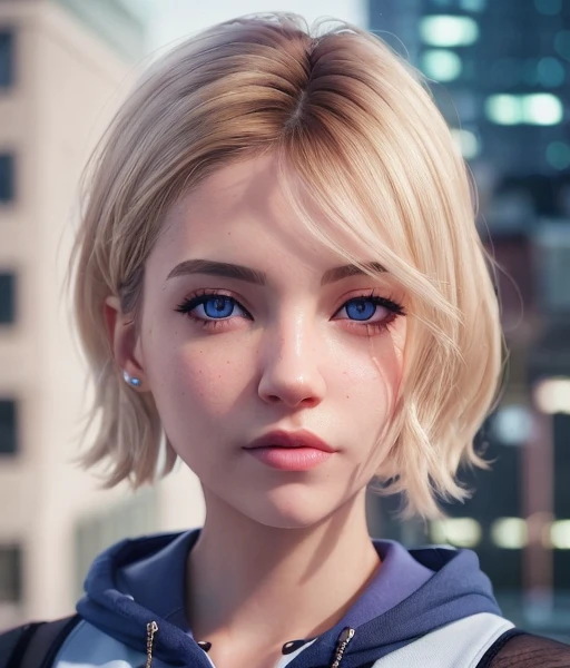 <lora:gwen_stacy_spiderverse_v1:0.5>, ((realistic)), (cinematic lighting), (photorealism), (beautiful detailed face), ((masterpiece)), ((best quality)), side of head shaved, depth_of_field, (beautiful detailed eyes), (gwen_stacy), 1girl, blonde_hair, short_hair, (asymmetrical_hair), ((sidecut)), solo, upper_body, portrait, blue_eyes, light_smile, parted_lips, lips, city, eyebrow_piercing, hood, hood_down, white_hoodie, looking_at_viewer