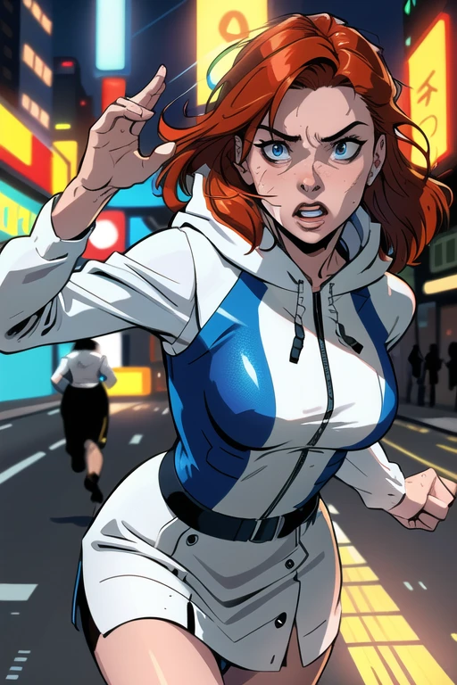 inked, best quality, 8k, sharp focus, intricate, close up image of 2 subjects, 1girl with auburn colored hair, wearing long sleeve white dress with hood, (running towards camera), (woman looks scared), frightened, running for her life, running away from man wearing armor, getting grabbed by man, down a dirty city alley, futuristic city at night, blue and yellow neon signs, chase scene, action scene, dynamic camera angle, realistic skin, realistic hands, perfect hands, action lines, motion blur background