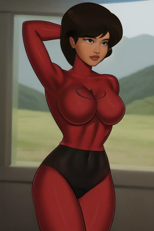 ((best quality)), ((highly detailed)), masterpiece, (detailed eyes, deep eyes), (1girl), big tits, thick thighs, violetparr, black hair, long hair, hairband, purple eyes, mask, red bodysuit, gloves, boot, thighhighs, thigh boots, latex, (in a garden, sun up), 