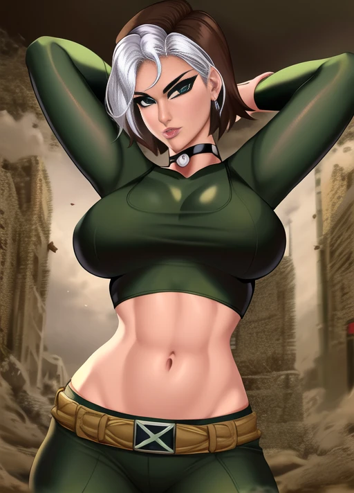 rogue (x-men), masterpiece, best quality, cowboy shot, 1girl, solo, short hair, sweater, choker, black pants, green sweater, bangs, see-through sweater, black tank top under sweater, toned,