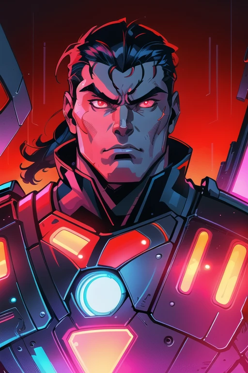 A highly-detailed portrait of a fearsome cybernetic warrior, his eyes glowing with an intense red light. The hero stands tall, staring off into the distance with determination, his armor glistening in the neon lights of the futuristic city. The art style is a fusion of the works of Akiman and Bruce Timm