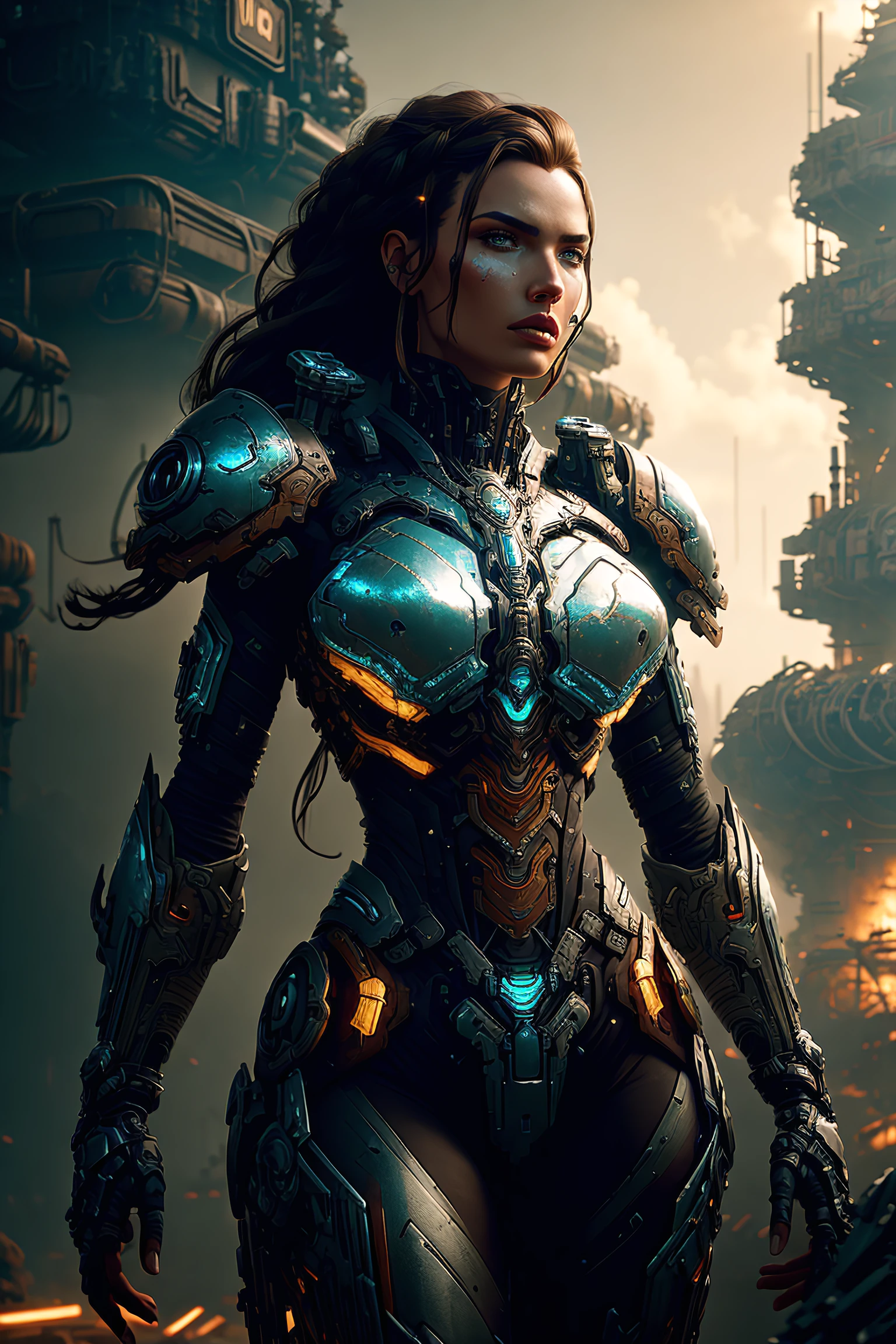 a beautiful woman cyborg warrior in the Style-RustMagic, cyberpunk augmentation, cyberware, cyborg, carbon fiber, chrome, implants, metal skull, cyber plate armor, (dark atmosphere:1.2), (fog & smoke), (dark night:1.3), scars, (dark medium length disheveled hair:1.1), (eyeshadow:1.1), (beautifully detailed glow:1.2), (Cinematic lighting), intricate detail, highres, rounded eyes, detailed facial features, sharp focus, smooth, aesthetic, detailed dark industrial factory background, stylish pose, dynamic pose, (dramapaint), (opt-6000:0.9)