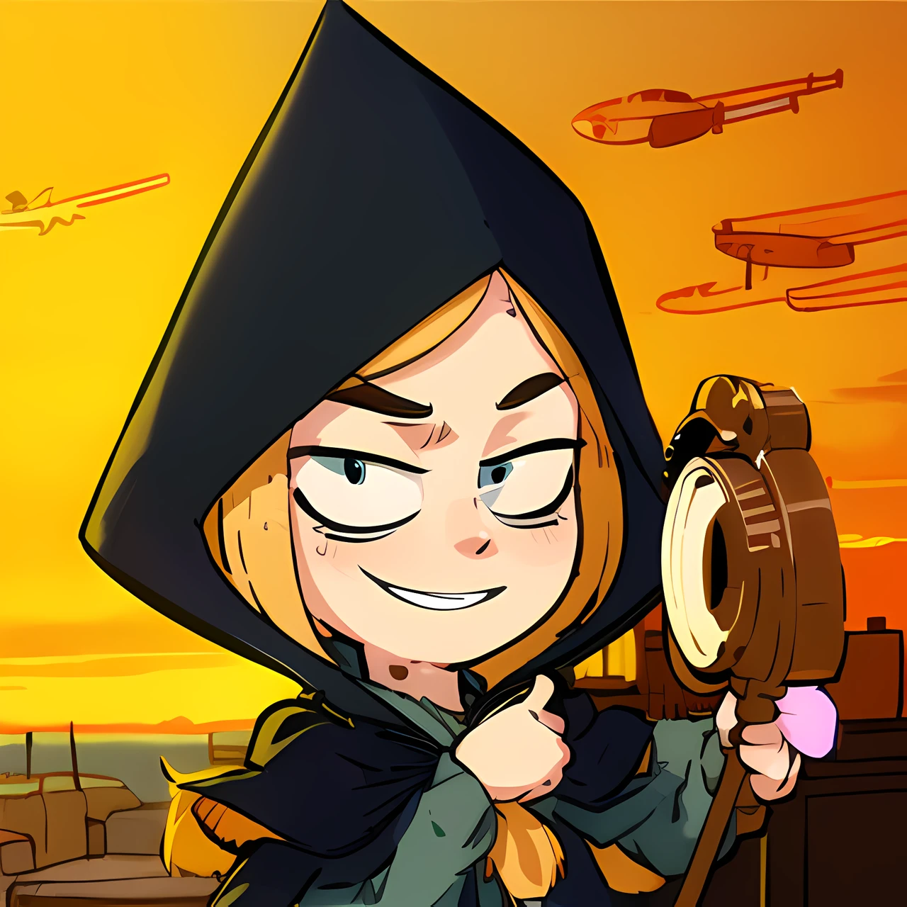 <lora:cartoon_fanart_style:0.9>cartoon fanart style, 1girl, blonde hair, blue eyes, hood, bird, solo, parody, smile, long hair, hood up, open mouth, cloak, hooded cloak, braid, animal, upper body, a bird sitting on arm