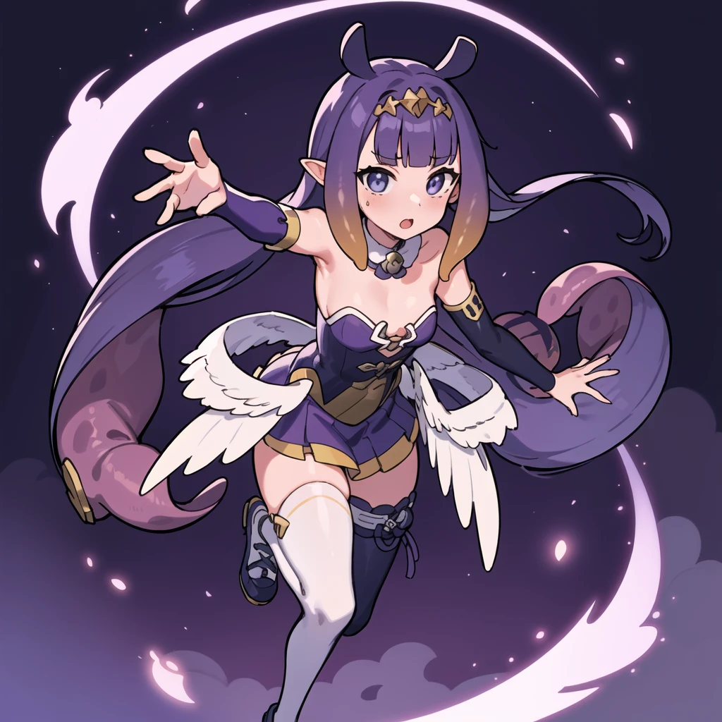 2d, masterpiece, best quality, anime, highly detailed face, highly detailed eyes, highly detailed background, perfect lighting, full body, 1girl, solo, ninomae ina'nis, purple hair, tentacle hair, blunt bangs, dynamic pose, purple background, strapless dress, single thighhigh, detached sleeves, white thighhighs, (low wings, mini wings), casting spell <lora:ina:0.7> <lora:thick line anime:0.7>