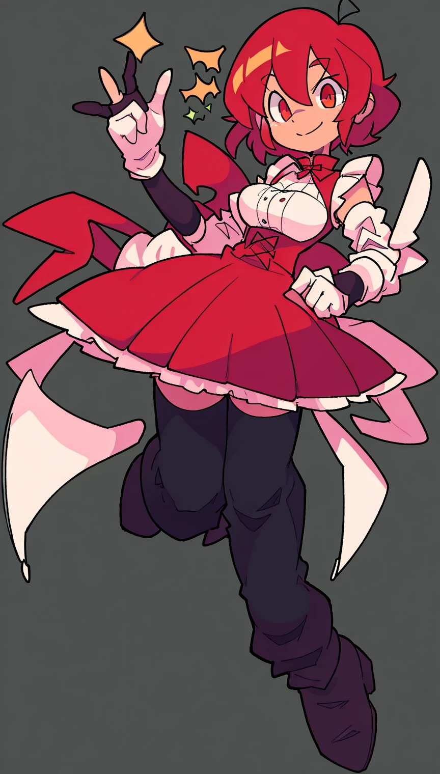 (((full body))), (((simple background))), character focus, solo, centered subject, 1girl, centered
<lora:BASUN style:0.8>
very short hair, head tilt, red hair, short hair, looking at viewer, maid outfit, brown pantyhose, ankle boots, gloves, smiling, green background, simple background, white skin