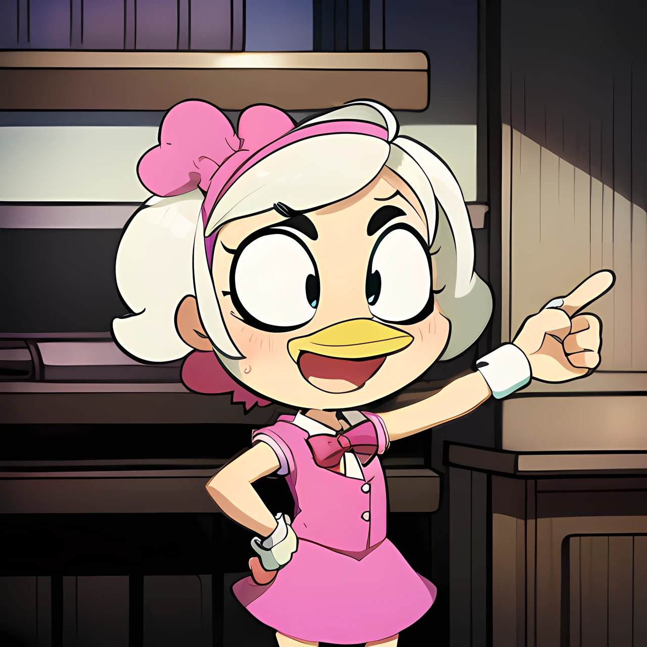 <lora:cartoon_fanart_style:0.8> cartoon fanart style, 1girl, duck, beak, pointing, furry, pink bowtie on the head, purple skirt, white fur, short hair