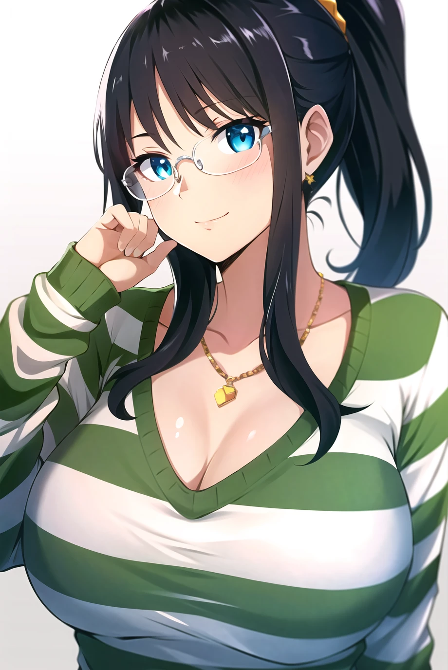 nico robin, one piece, one piece: strong world, 1girl, adjusting eyewear, bangs, black hair, breasts, closed mouth, collarbone, glasses, high ponytail, jewelry, large breasts, light blush, long hair, long sleeves, looking at viewer, necklace, ponytail, shirt, sidelocks, solo, green and white stripes, striped shirt, upper body, v-neck, ((masterpiece))  <lora:nico_robin_post_timeskip_offset:1>