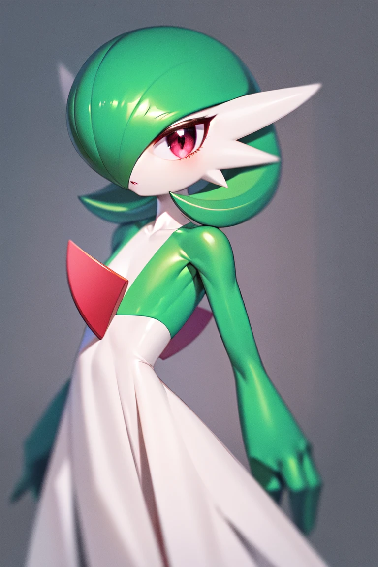 masterpiece, best_quality, 1girl, solo, gardevoir, white dress, creatures \(company\), game freak, nintendo, pokemon, pokemon \(game\), bangs, colored skin, female focus, flat chest, gen 3 pokemon, green hair, green skin, hair over one eye, multicolored skin, pokemon \(creature\), red eyes, short hair, two-tone skin, white skin, simple background,