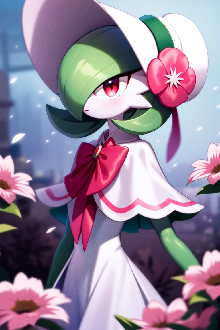 masterpiece, best_quality, 1girl, solo, gardevoir, gardevoir \(fashionable\), creatures \(company\), game freak, nintendo, pokemon, pokemon \(game\), pokemon unite, bangs, bob cut, bonnet, capelet, clothed pokemon, colored skin, female focus, flat chest, flower, gen 3 pokemon, green hair, green skin, hair over one eye, hat, hat flower, multicolored skin, official alternate costume, one eye covered, pink trim, pokemon \(creature\), red eyes, red flower, short hair, two-tone skin, white capelet, white headwear, white skin