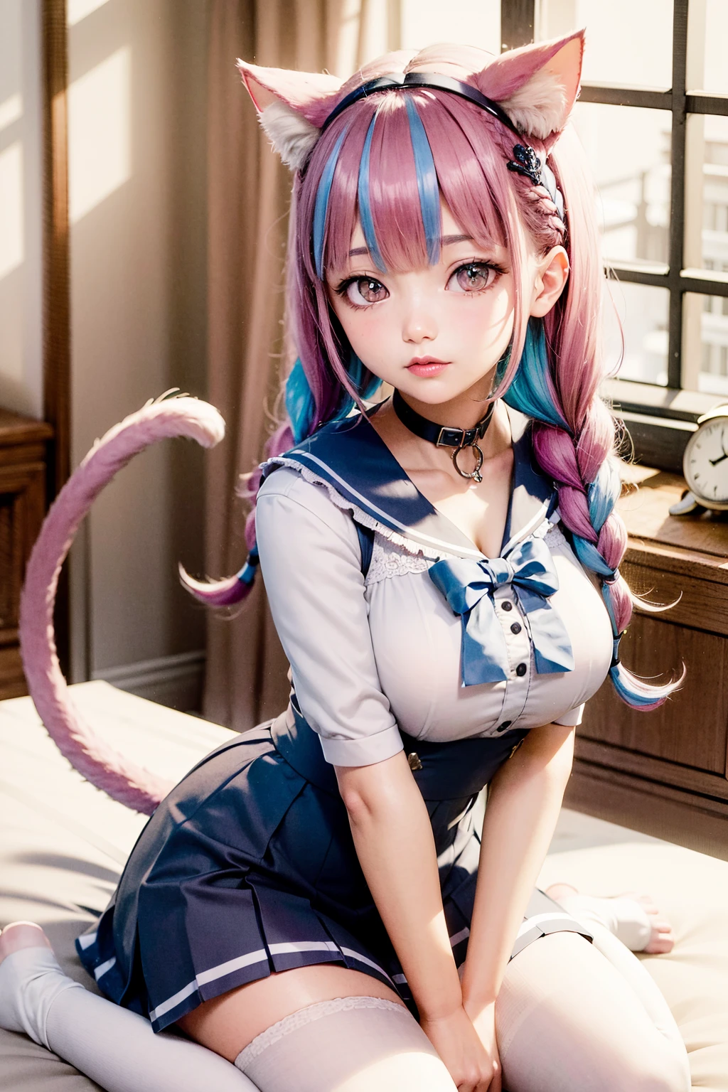 masterpiece, best quality, highres, sidelighting, 1girl, minato aqua, virtual youtuber, tail, animal ears, cat ears, long hair, purple eyes, braid, ahoge, cat tail, skirt, multicolored hair, twin braids, blue hair, two-tone hair, hairband, tail ornament, tail ribbon, pink hair, anchor hair ornament, ribbon, sailor collar, school uniform, pleated skirt, bow, cat girl, twintails, large breasts, bangs, <lora:minato_aqua_(neko)_v1:0.5>, zzstyle-ulzzang-6500