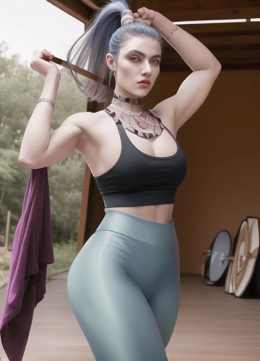 megaera (hades), masterpiece, best quality, cowboy shot, 1girl, solo, toned, tank top, leggings, park, yoga mat,
