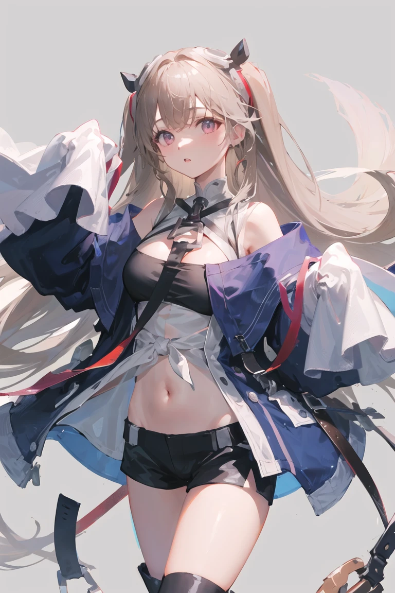 acrgazln, (masterpiece:1.3), absurdres, cowboy shot, 1girl, solo, very long hair, headgear, blue coat, cleavage, midriff, off shoulder, very long sleeves, sleeves past fingers, short shorts, boots, standing, simple background, <lora:acrgazln_v02:1>