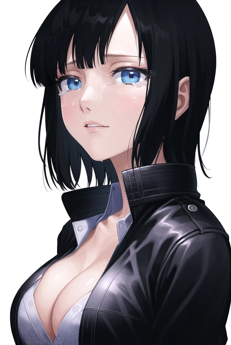 nico robin, 1girl, black hair, black jacket, blue eyes, breasts, cleavage, collared shirt, jacket, looking at viewer, medium breasts, parted lips, patterned hair, portrait, shirt, short hair, simple background, solo, tearing up, tears, white background, white shirt, wing collar, ((masterpiece))  <lora:nico_robin_pre_timeskip_offset:1>