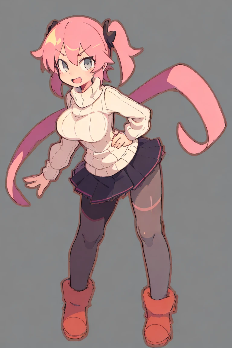 ((1girl, 1character)), ((((full body)))), centered, hands on hips
(((simple background, gray background))), centered character
(1girl, solo), solo focus, pink hair, twin tails, large breasts, , sweater, pantyhose, skirt, hair ornament, ribbed sweater, boots, scarf <lora:BASUN style:0.6>