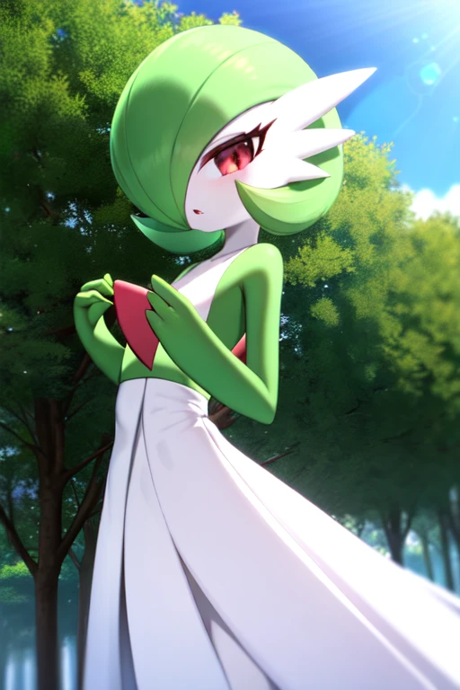 masterpiece, best_quality, 1girl, solo, gardevoir, white dress, creatures \(company\), game freak, nintendo, pokemon, pokemon \(game\), bangs, colored skin, female focus, flat chest, gen 3 pokemon, green hair, green skin, hair over one eye, multicolored skin, pokemon \(creature\), red eyes, short hair, two-tone skin, white skin, outdoors