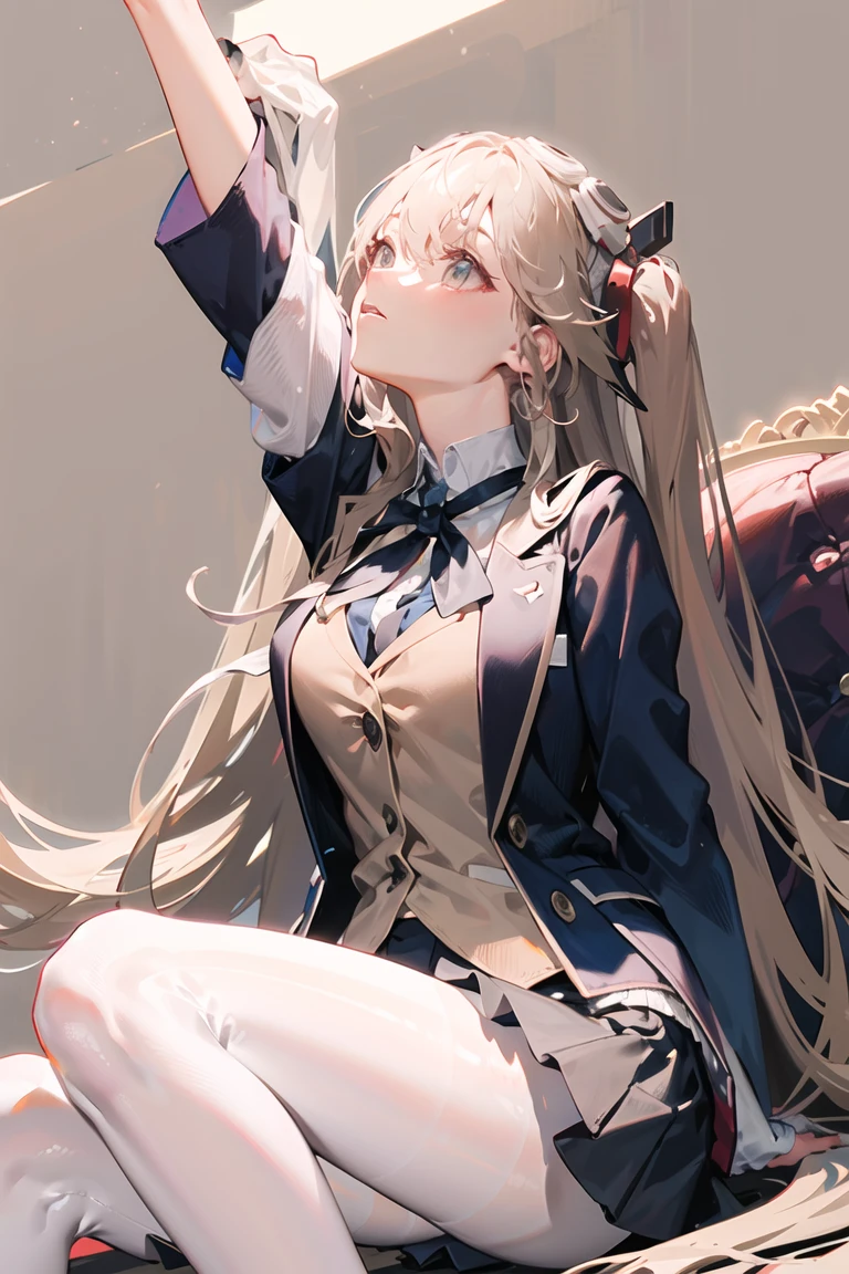 acrgazln, (masterpiece:1.3), absurdres, 1girl, solo, very long hair, headgear, (beige blazer), pleated skirt, white pantyhose, mary janes, sitting, arms behind back, (knees up), looking up, simple background, <lora:acrgazln_v02:1>