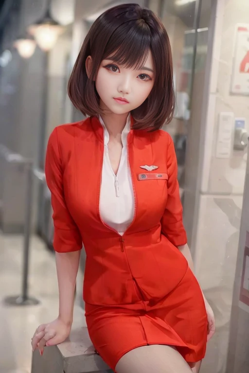 (extremely detailed CG:1.2), (masterpiece:1.2), (best quality:1.2),background,absurdres,cowboy shot,full body,left hand on knee,right hand on ear,(1woman),\(white hair:1.3)\,\((red eye:1.2\)), airasia uniform,red suit,white compression v-neck shirt inside,(red tight skirt:1.4),dynamic pose,standing,(night light:1.3),(beautiful detailed hair),(highly detailed hair),(beautiful detailed eye),(highly detailed eye),(beautiful detailed girl),
<lora:Airasia Uniform SD15:1>