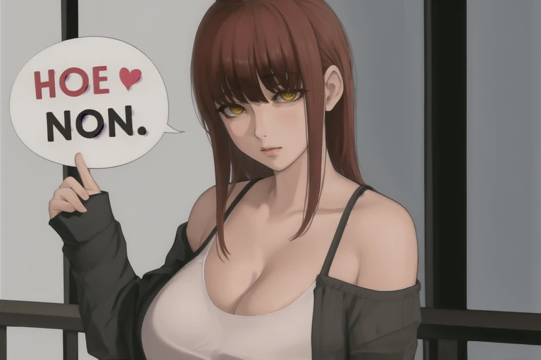 mamimi style, <lora:Mamimi_style:0.7>, ((perfect hands)), ((five fingers)), Masterpiece, high quality, 4K, mamimi style, 1girl, breasts, makima \(chainsaw man\), solo, heart, spoken heart, large breasts, looking at viewer, ringed eyes, cleavage, red hair, bangs, yellow eyes, long hair, upper body, open clothes, shirt, speech bubble, tank top, collarbone, long sleeves, camisole