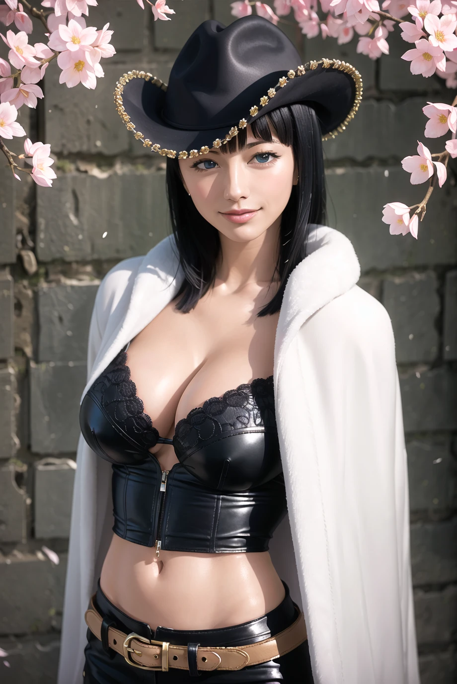 masterpiece, (photorealistic:1.5), best quality, beautiful lighting, real life, nico robin, 1girl, black bustier, black hair, blue eyes, breasts, bustier, cape, cherry blossoms, cleavage, collarbone, cowboy hat, crop top, cross-laced clothes, eyelashes, fur-trimmed cape, fur trim, grin, hands in hair, hat, large breasts, lips, long hair, looking at viewer, navel, parted lips, petals, simple background, smile, solo, upper body, white background, white headwear, <lora:nico_robin_pre_timeskip_offset:1> <lora:japaneseDollLikeness_v10:0.2>