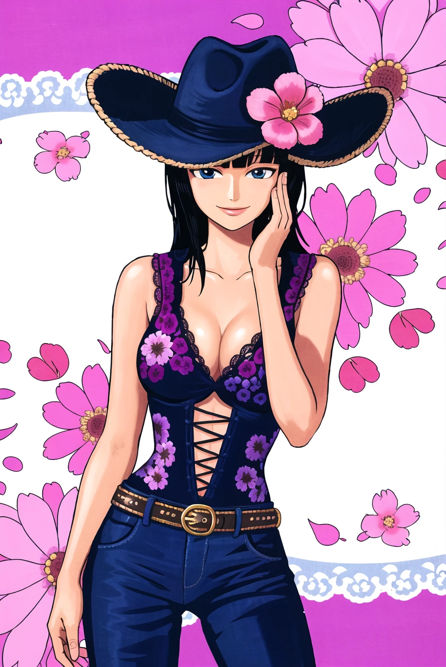 nico robin, oda eiichirou, 1girl, bangs, black hair, blunt bangs, breasts, cleavage, covering mouth, cowboy hat, cross-laced clothes, empty eyes, floral background, flower, hand on own face, hand over own mouth, hand up, hat, medium hair, official alternate costume, blue eyes, purple headwear, purple theme, sleeveless, smile, solo, ((masterpiece))  <lora:nico_robin_pre_timeskip_offset:1>  <lora:oda_eiichirou:0.4>