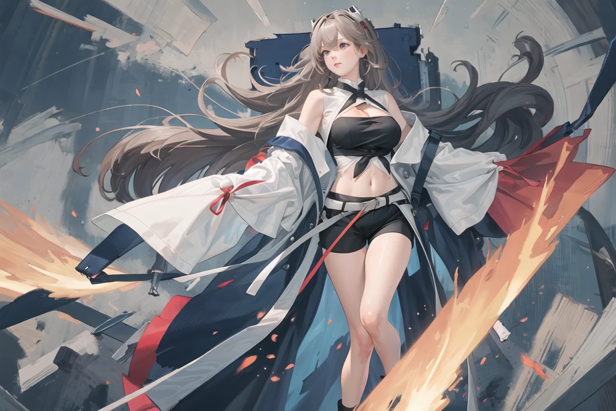 (acrgazln), (masterpiece:1.3), absurdres, realistic, 1girl, solo, very long hair, headgear, blue coat, cleavage, midriff, off shoulder, very long sleeves, sleeves past fingers, short shorts, thigh strap, black footwear, (reference sheet:1.3), white background, <lora:acrgazln_v02:1>