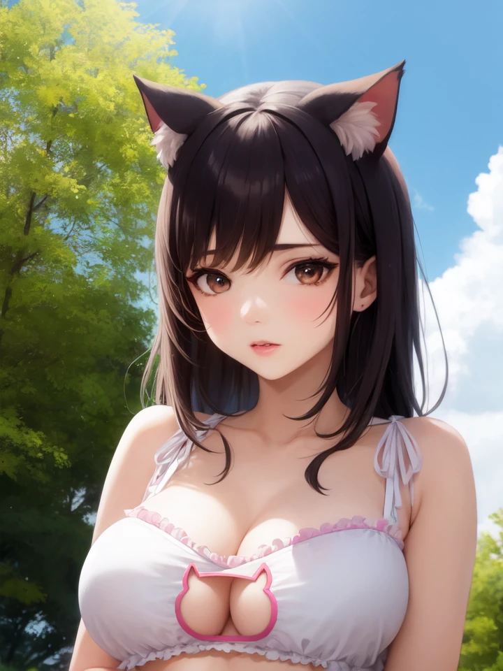 1girl, solo, cat lingerie, cleavage cutout, outdoors, sky, sunlight, animal ear fluff,