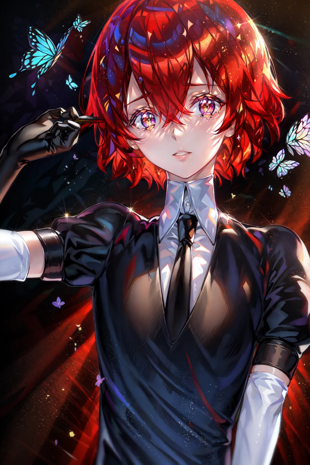 masterpiece, best quality, <lora:Bao:0.8>,  1girl, androgynous, black_necktie, broken, bug, butterfly, crack, elbow_gloves, gem, gem_uniform_\(houseki_no_kuni\), gloves, looking_at_viewer, multiple_others, necktie, puffy_short_sleeves, puffy_sleeves, shards, shirt, short_hair, short_sleeves, solo, sparkle, tears, upper_body,red hair