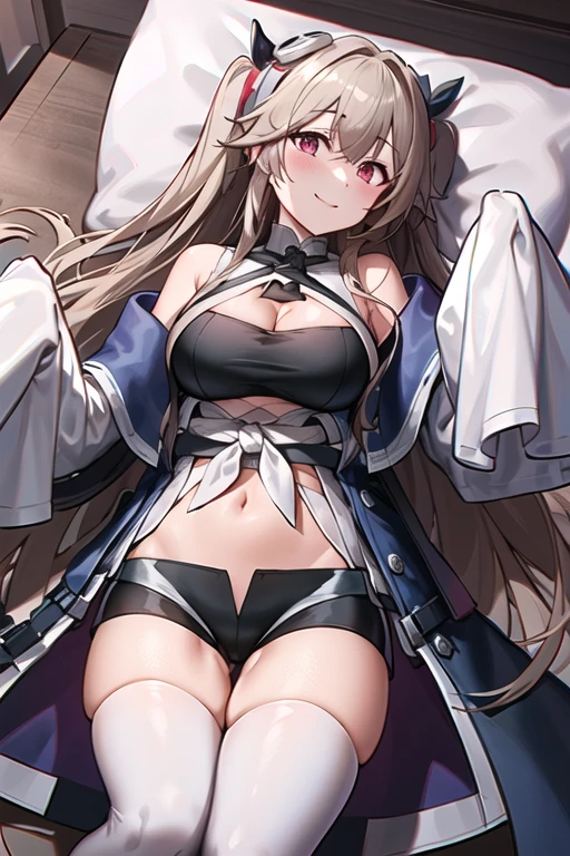 masterpiece,  best quality,  high definition , Fel 1,  Bridal Gauntlet,  black thigh high socks ,  bare shoulders, belt, ガーターbelt,  white dress,  elbow gloves, Outdoor,  cowboy shooting alone, Wavy,bdsm, bed, bondage, bound, arms up, bound arms, bound legs, bound wrists, lying, on back,