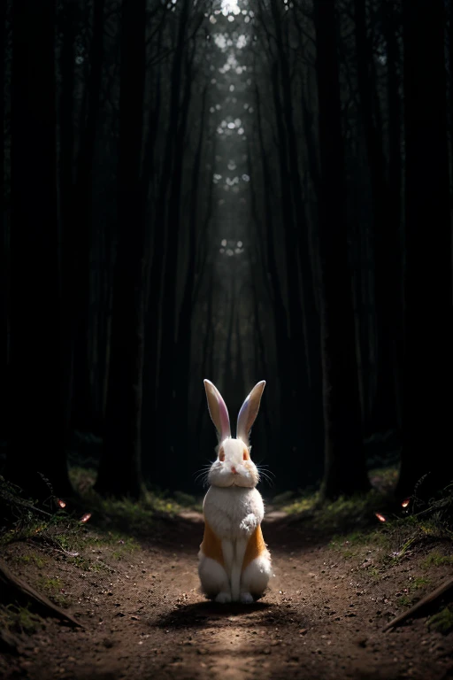 (((colorful bunny on a dirt path, dark mysterious forest, dramatic lighting, dark photo, night))),, best quality, ultra high res, (photorealistic:1.4),, high resolution, detailed, raw photo, sharp re, by lee jeffries nikon d850 film stock photograph 4 kodak portra 400 camera f1.6 lens rich colors hyper realistic lifelike texture dramatic lighting unrealengine trending on artstation cinestill 800,, photorealistic, photo, masterpiece, realistic, realism, photorealism, high contrast, photorealistic digital art trending on Artstation 8k HD high definition detailed realistic, detailed, skin texture, hyper detailed, realistic skin texture, armature