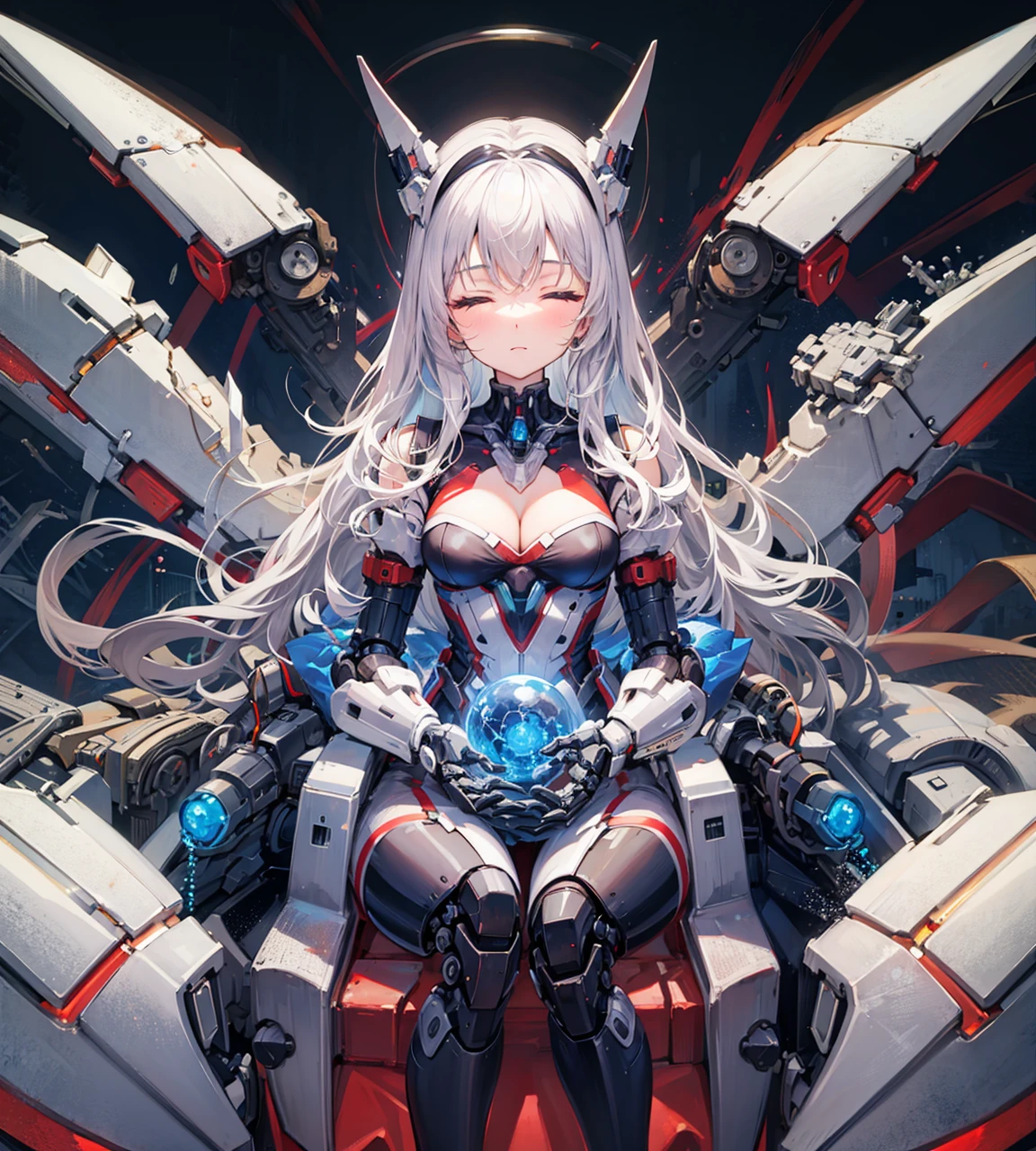 solo,1girl, sitting,closed eyes,cleavage,<lora:C-mecha_musume[mecha musume, mechanical parts, robot joints,headgear]:0.4>,mecha musume, mechanical parts, robot joints,headgear,