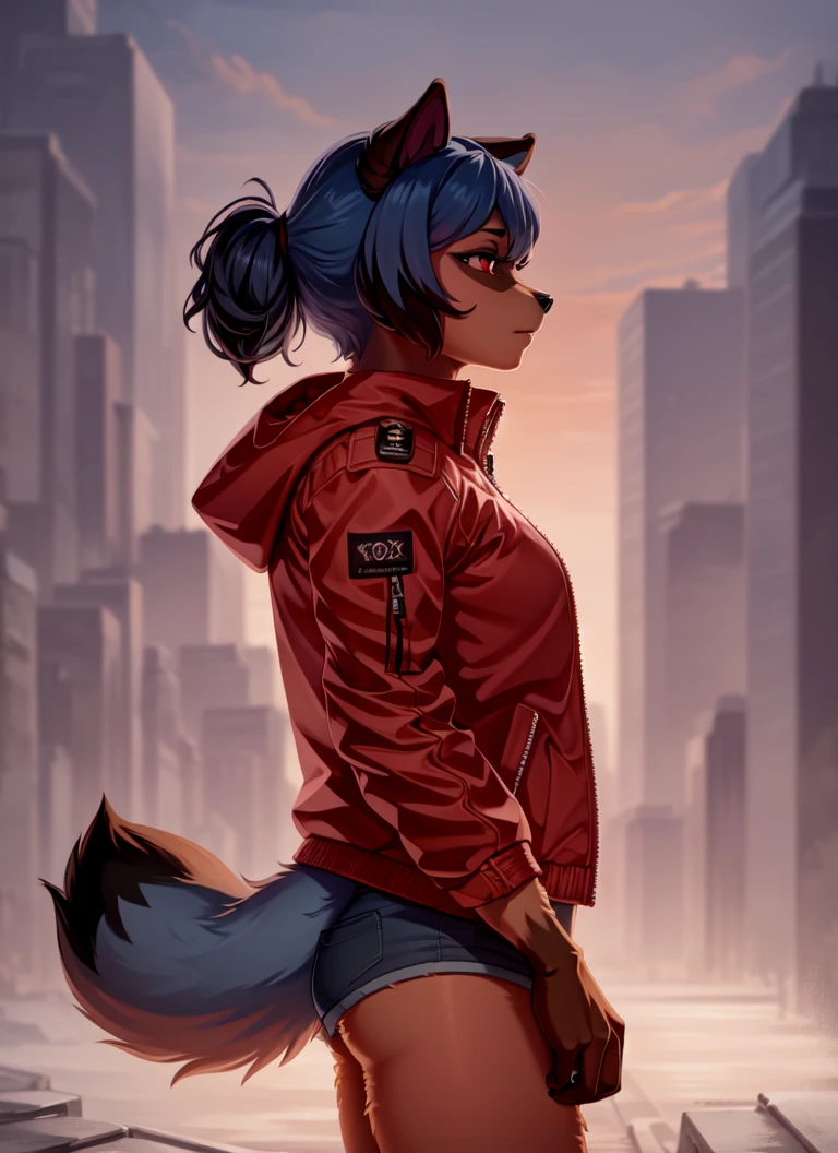 1girl, (detailed fluffy fur), body fur, solo, raccoon ears, two-tone hair, (high quality), high res, detailed eyes, detailed shadows, red jacket, side view, (high quality), high-res, (digital painting), (8k), tail, city buildings, skyline, hands in pocket