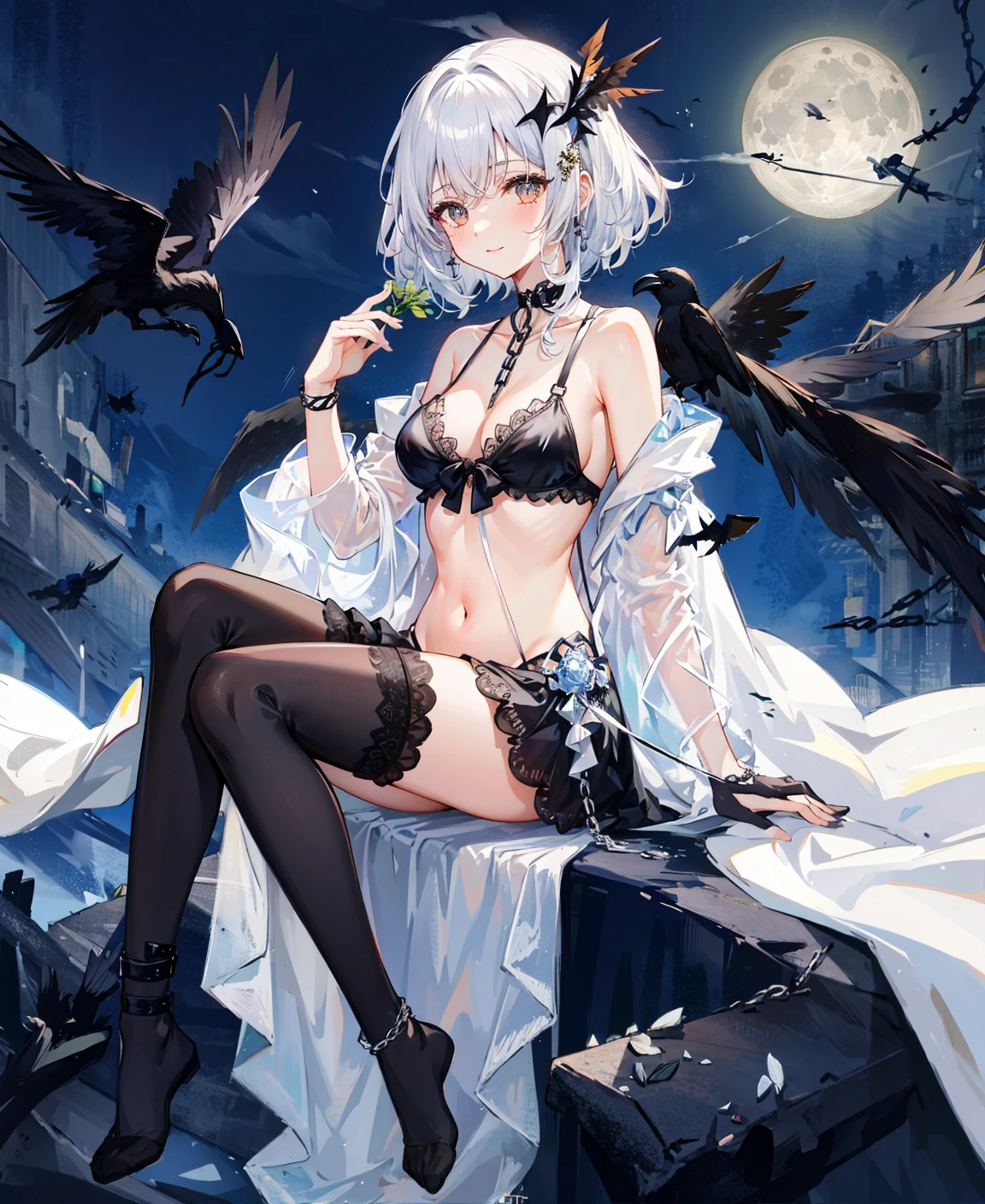 <lora:lightAndShadow_v10:0.4>, (masterpiece), (best quality), full body,simple background,sitting,
1girl,shiny hair,white hair,feather hair ornament, white cloak, ((see-through)),navel,light smile,
plant, flower, full_moon,detective theme,((black legwear)), ((crow)),chains,ruins,
1gir, in flower,black_bikini,1girl in flower ,navel,